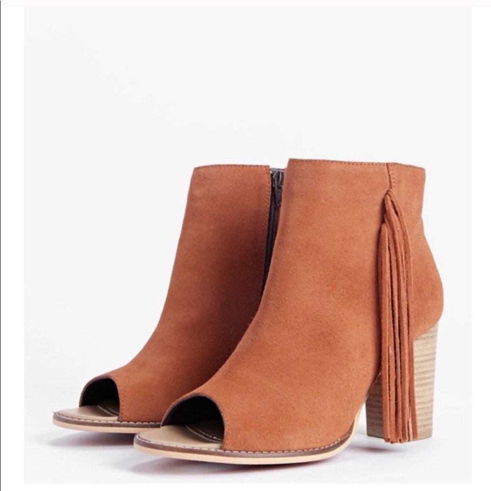 Fringe Trim Suede Peeptoe Boot